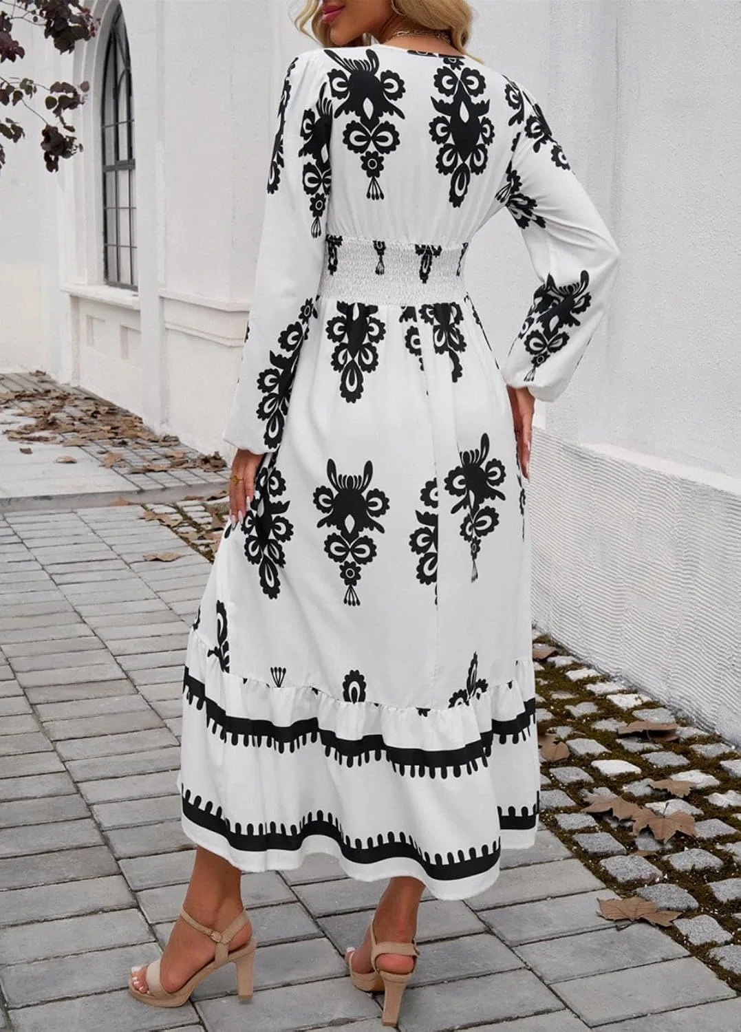 Женское платье с V-образным вырезом и принтом A-line, White — фото 4