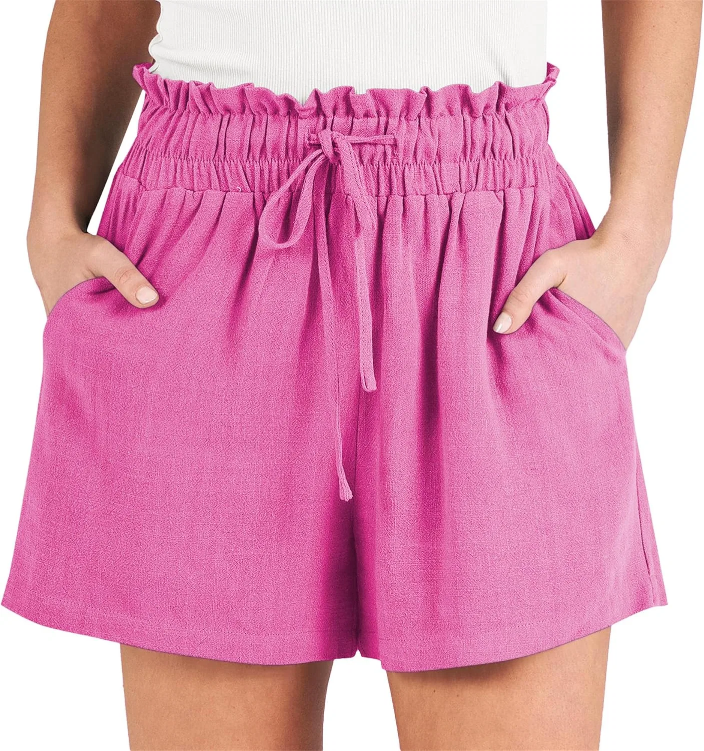 Женские льняные шорты с высокой талией и завязками, Black/Blue/Rose Red/Army Green/Khaki