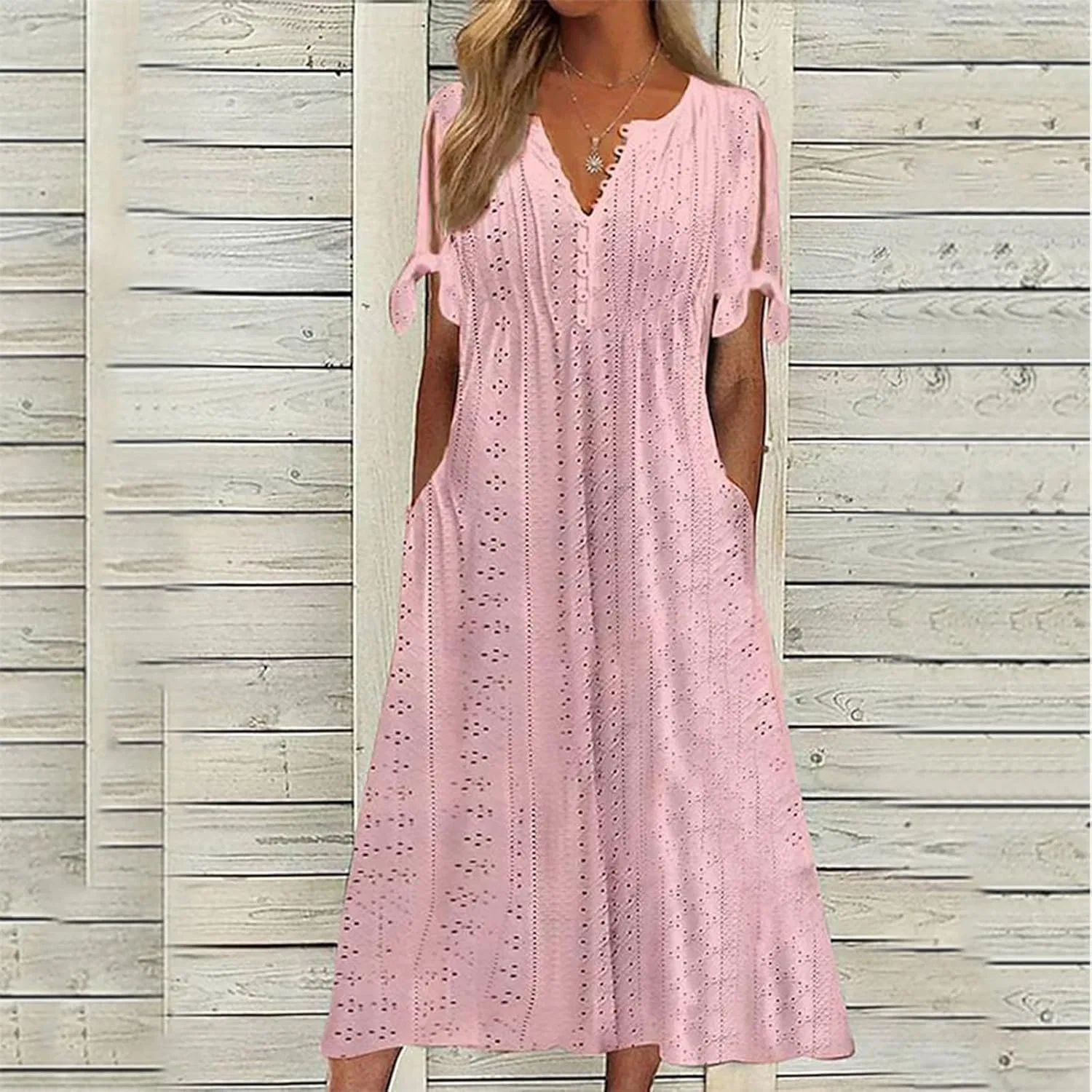 Женское летнее платье макси с вышивкой, V-образным вырезом и карманами, Pink — фото 2