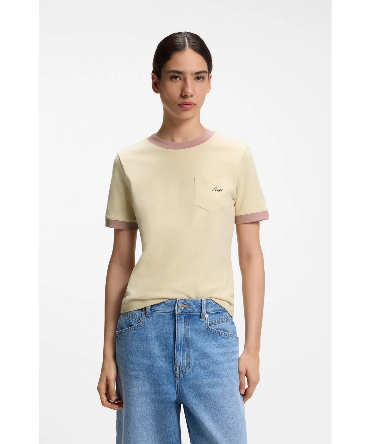 Женская футболка с контрастными rib-деталями Slim Fit BOSS, Camel