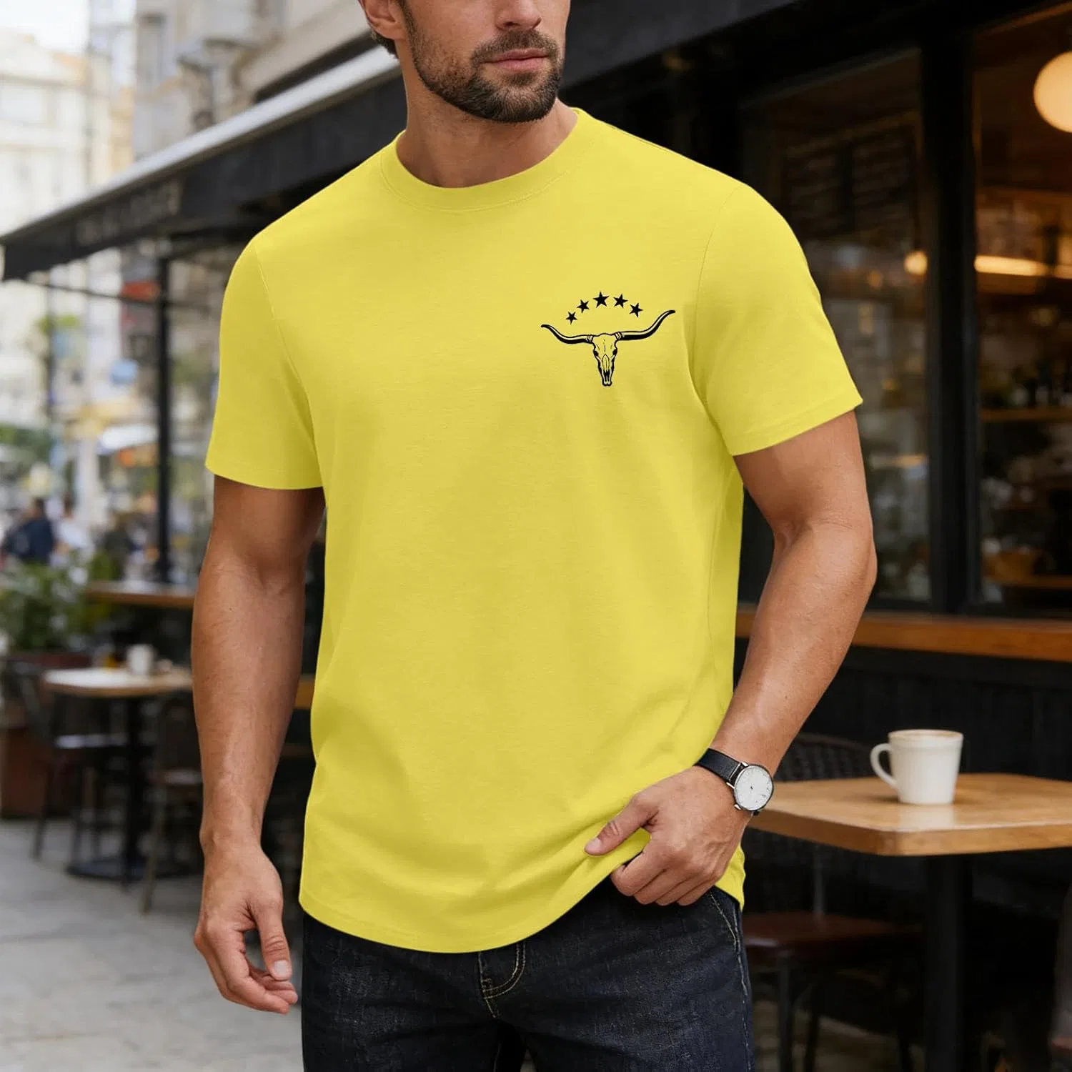 Мужская футболка с черепом коровы, Short Sleeve Shirt, Yellow — фото 2
