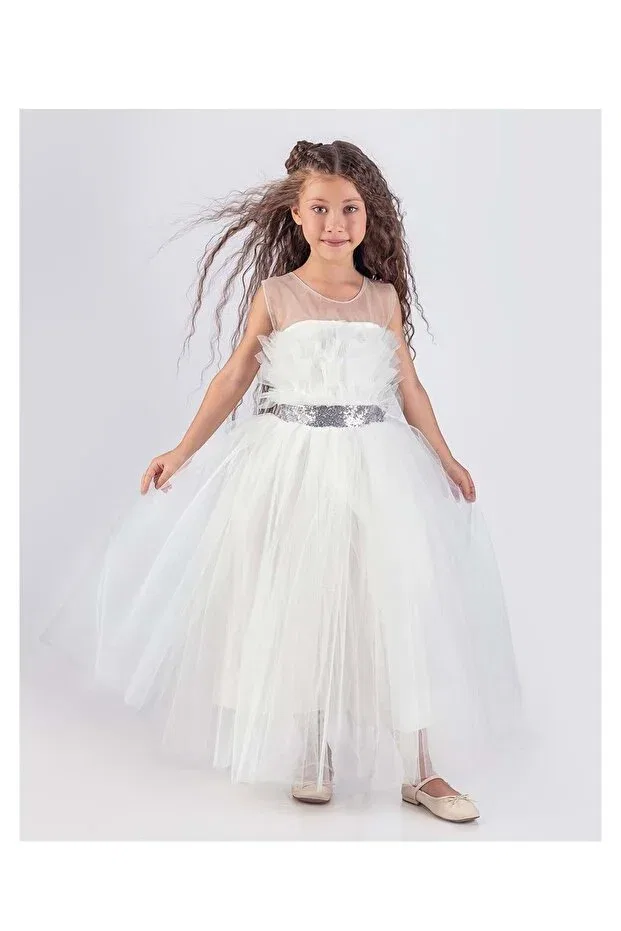 Детское платье для девочек с пайетками Tutu long skirt with sequined waistband girls' dress sb618 S.T. Sebat Tekstil, White