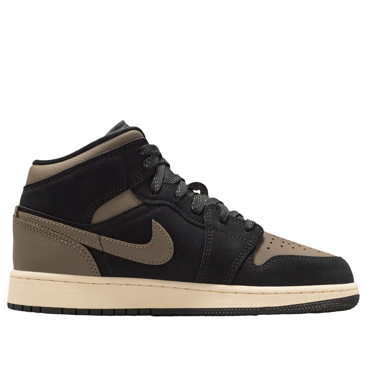 Детские кроссовки с синтетическим верхом Air Jordan 1 Mid SE 'Olive Grey' Jordan, Black/Light Wild Mango/Muslin/Olive Grey — фото 2