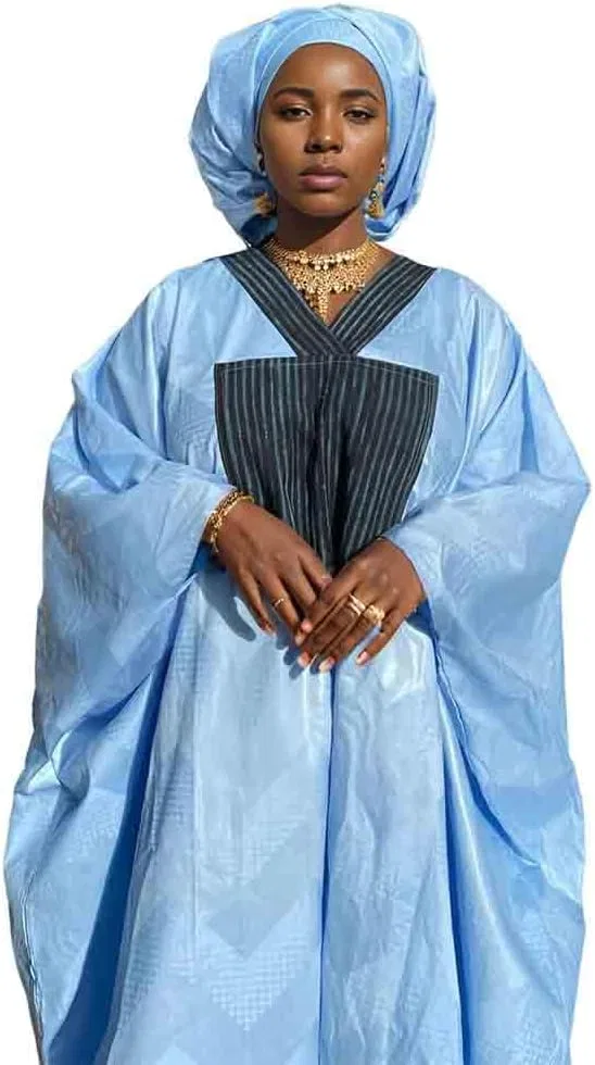 Женское платье с вышивкой Bazin Riche Dashiki, Sky Blue — фото 2