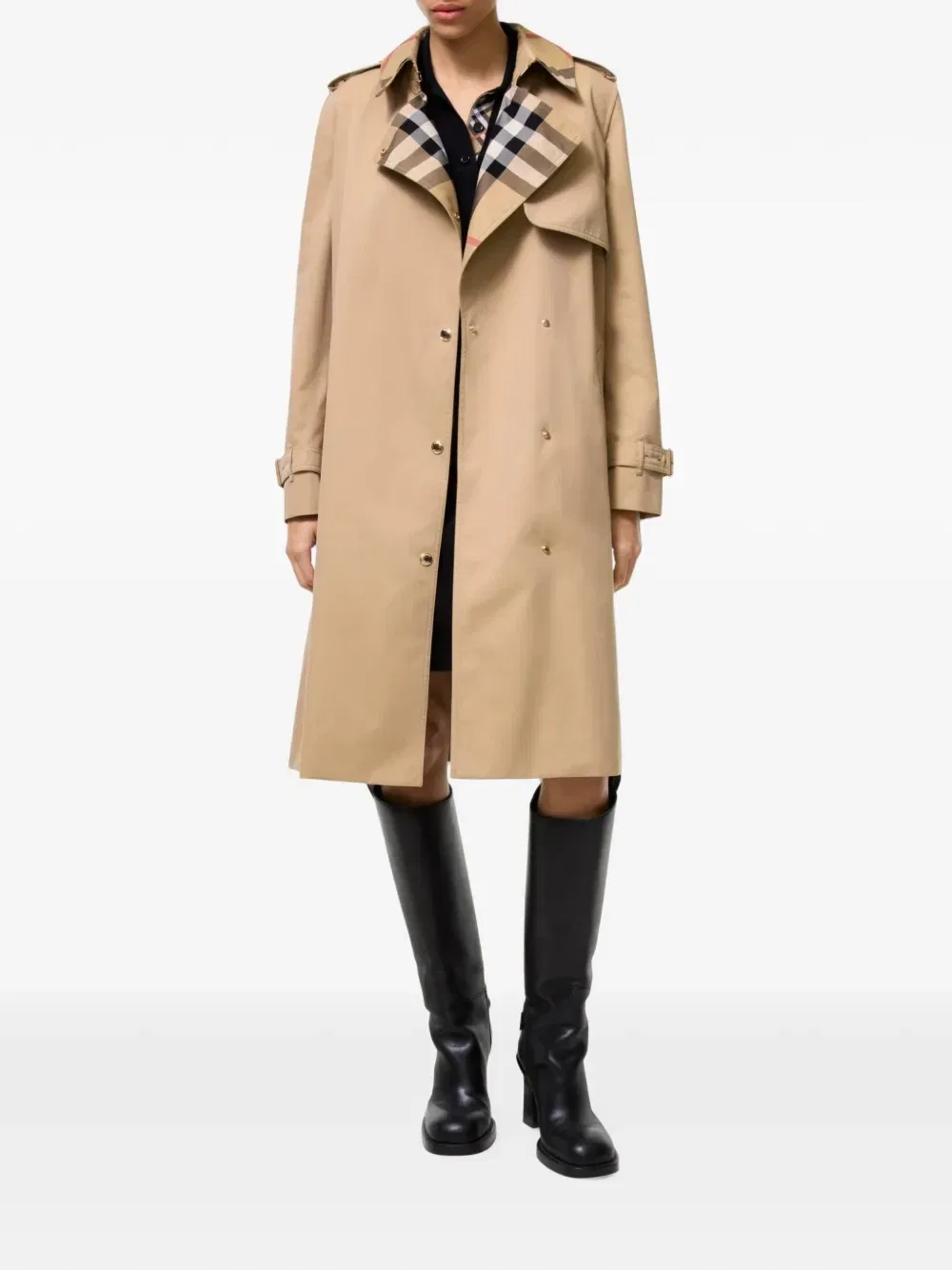 Длинный тренч из габардина в клетку с воротником Burberry, бежевый — фото 2