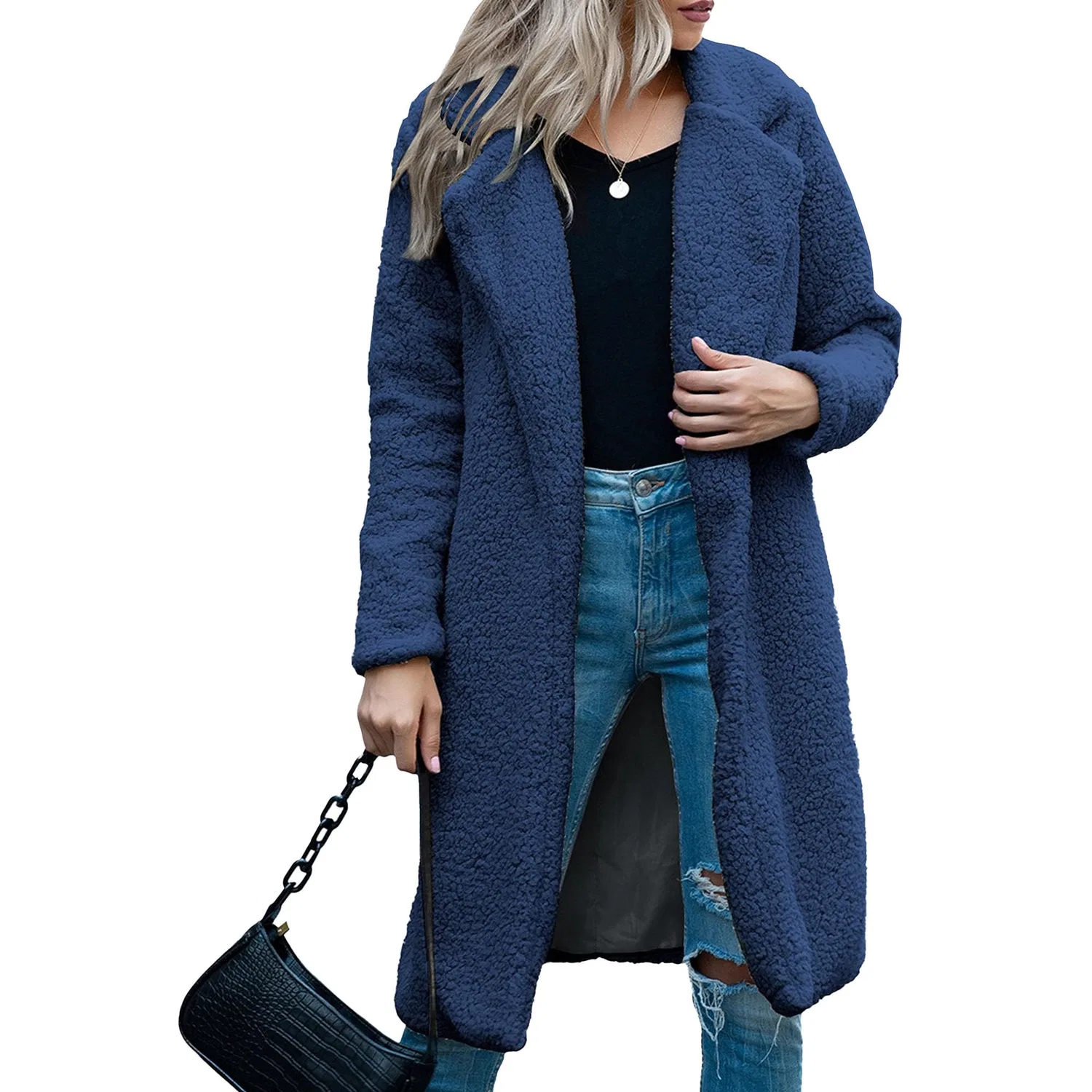 Женское пальто из флиса с лацканами и длинным рукавом, Blu navy