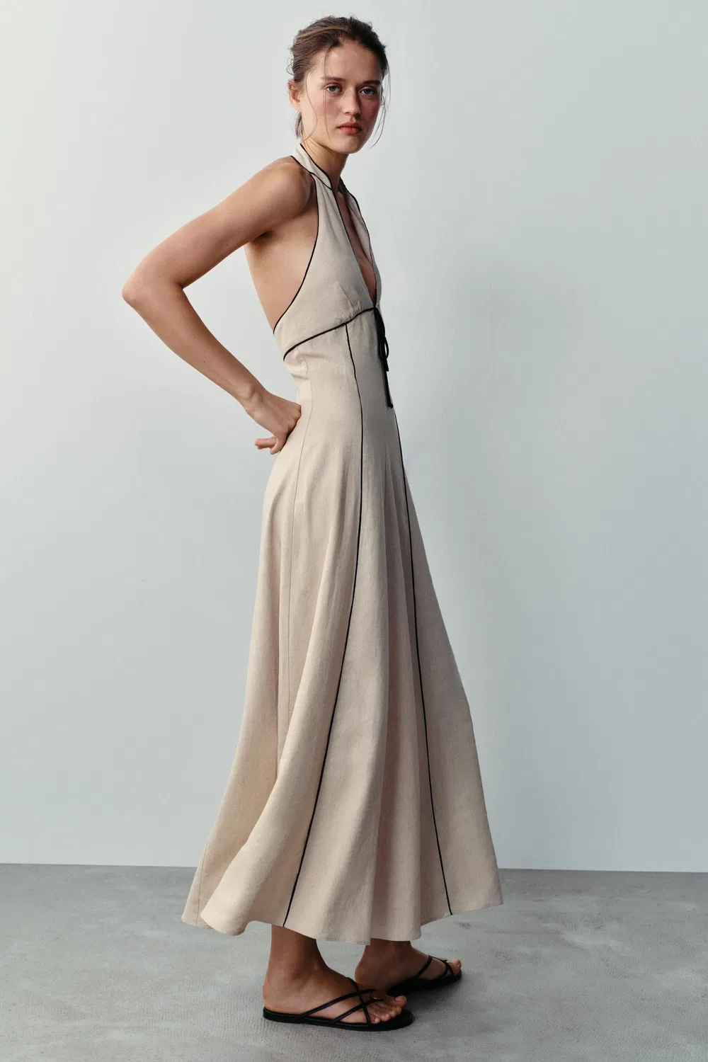 Платье из льняной смеси с контрастной отделкой ZARA, Light beige — фото 4