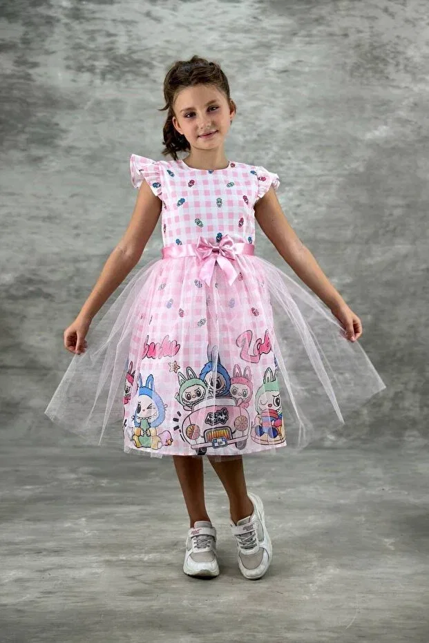Детское платье для девочек с принтом Labubu Character Tulle Detailed Children's Dress Abiyekids, Labupembe