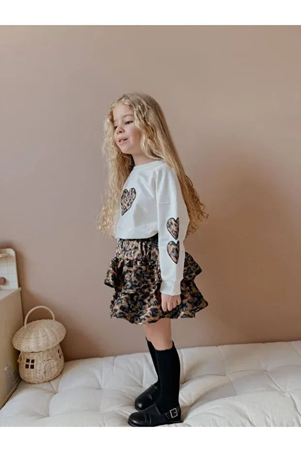 Детский комплект для девочек с принтом Bbk41423 skirted leopard patterned girl's suit Bloom, Ecru — фото 2