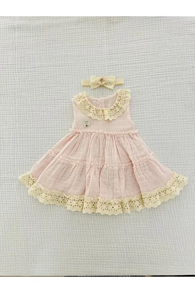 Детское платье для девочек с кружевом Muslin fisto collar bandaned baby girl dress Mutir, Pink — фото 3