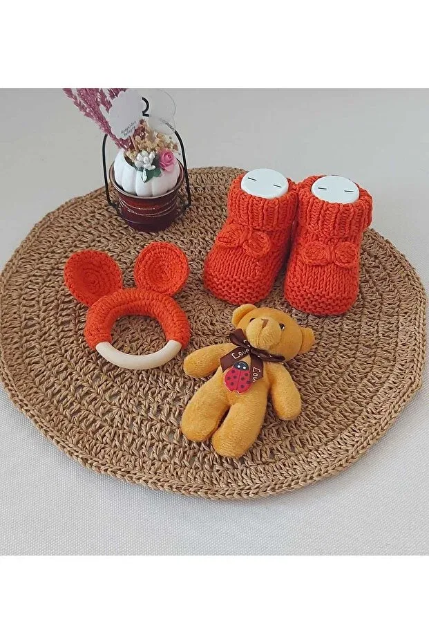 Детские пинетки из акрила и шерсти для новорожденных handmade brick color Begin, Tile — фото 2