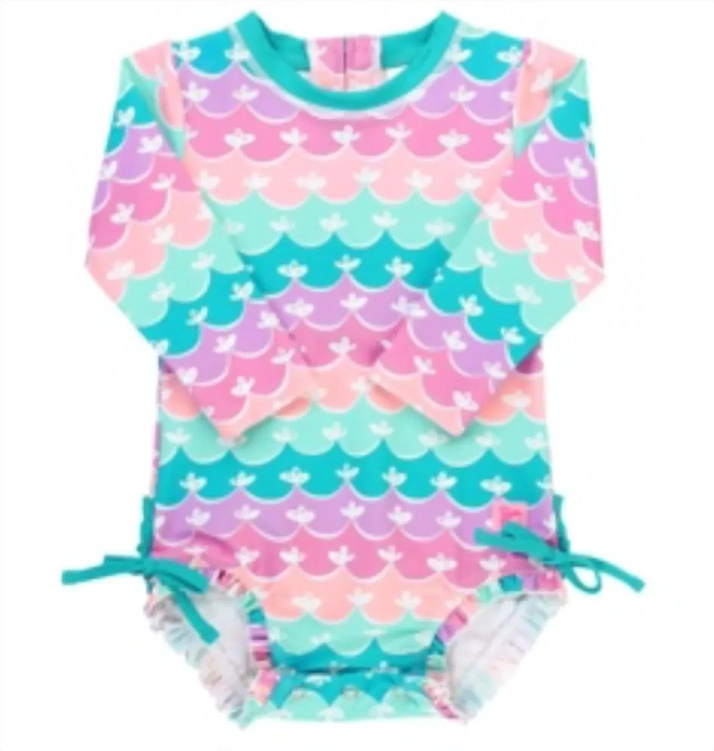 Детский купальник-слитный с защитой UPF 50+ с волнистым дизайном Mermaid RuffleButts, Aqua/Purple/Pink — фото 3