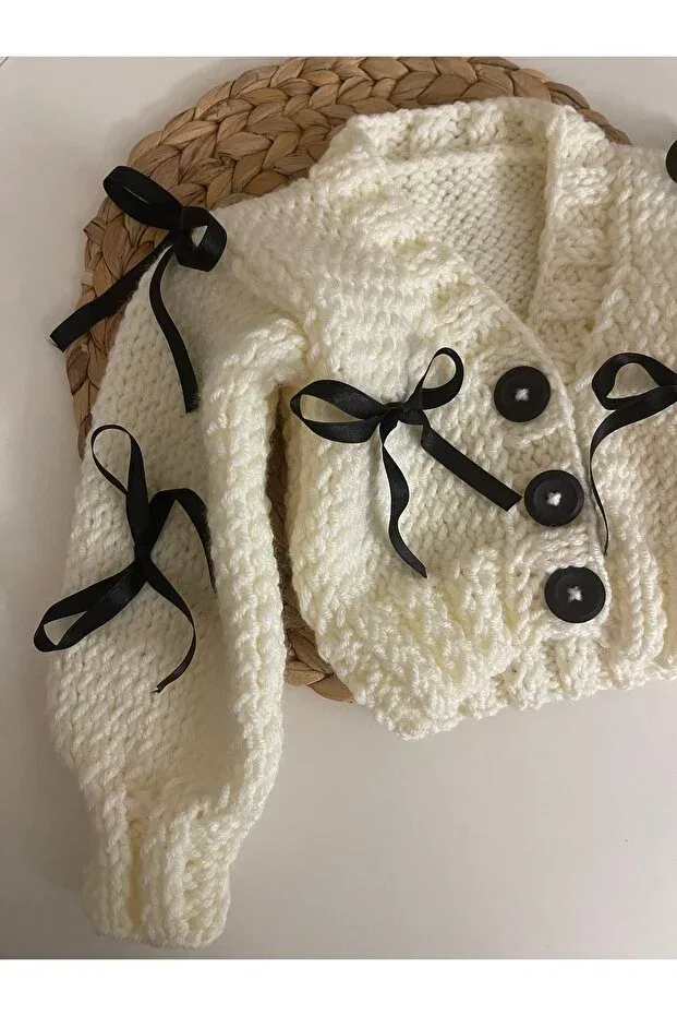 Детский кардиган с V-образным вырезом Handmade bow cardigan Örgü, Nude Color — фото 2