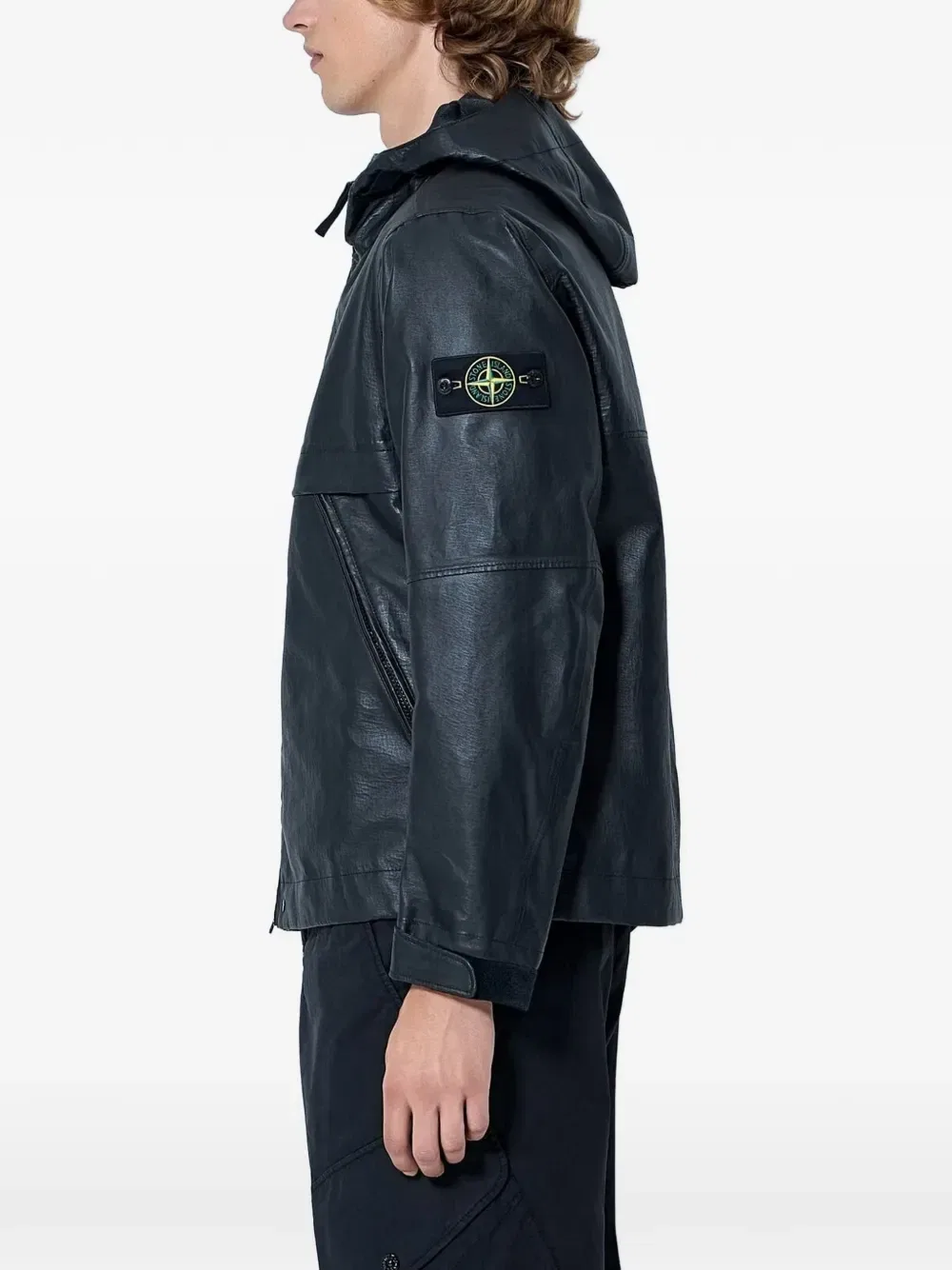 Кожаная куртка с капюшоном Stone Island, черный — фото 2