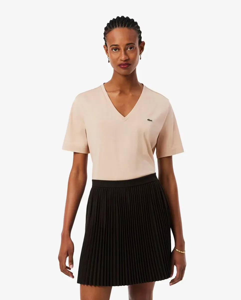 Футболка женская Lacoste Beige с V-образным вырезом и свободным кроем