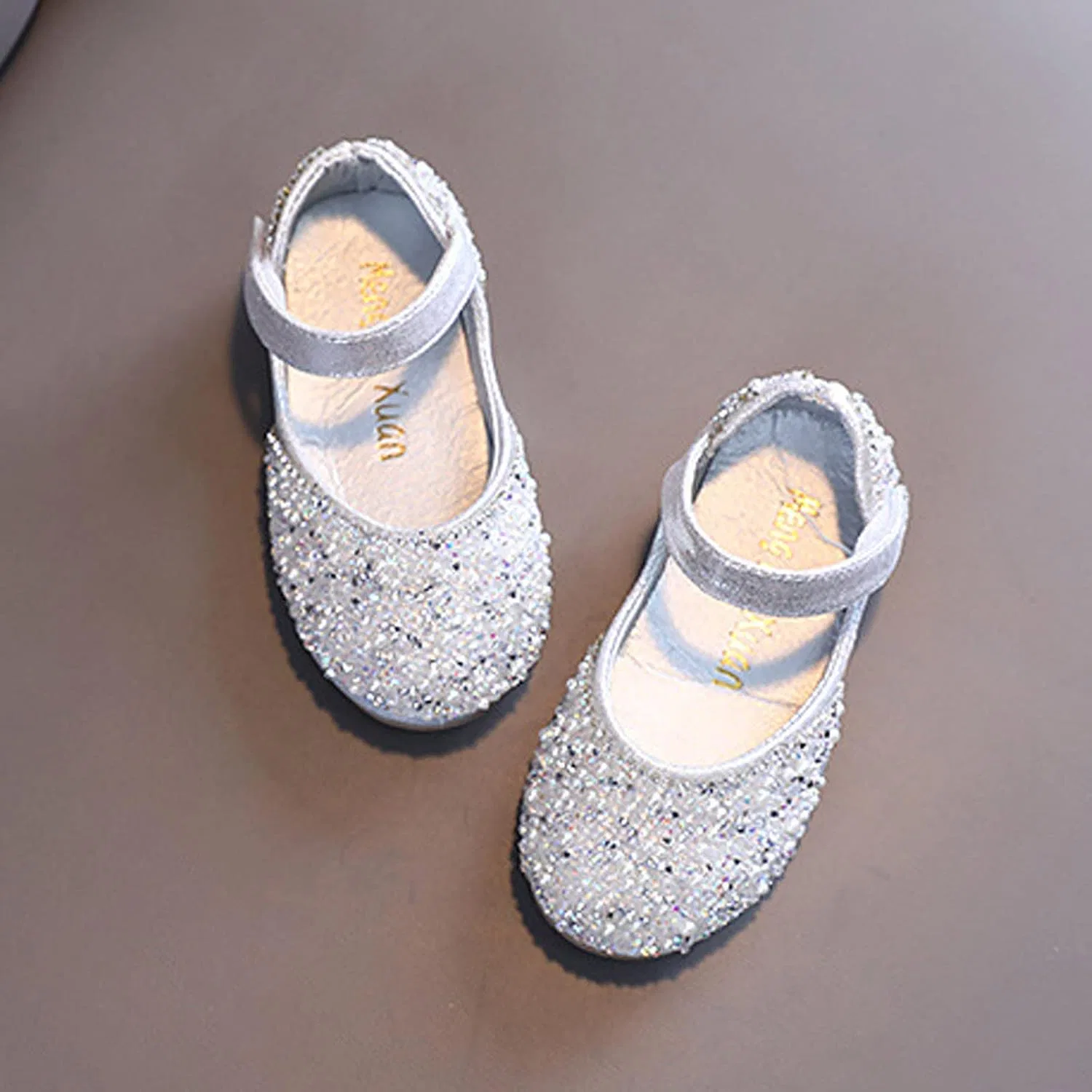Детские балетки для девочек с принтом Mary Jane Dress Shoes Rhinestones Flower Girl Wedding Party Shoes Ballet Flats Little Girl Dress up Shoes, Silver — фото 4