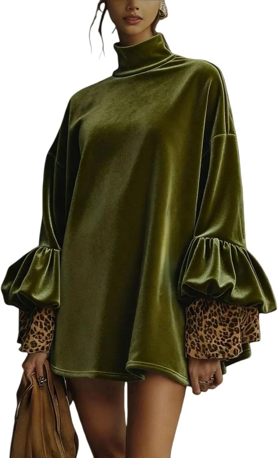 Женское бархатное платье с воротником-стойкой и оборками Leopard Print, Military Green