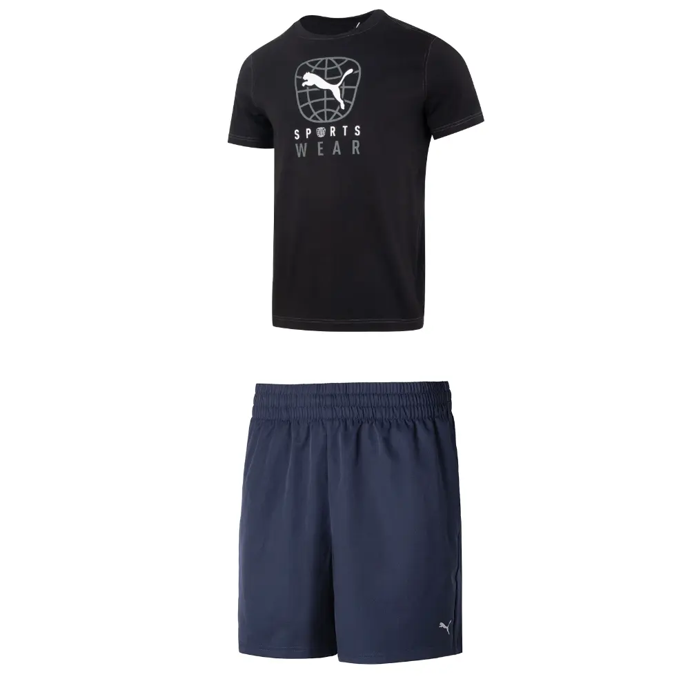 

Повседневный спортивный мужской костюм черная рубашка + синие шорты Puma, черный