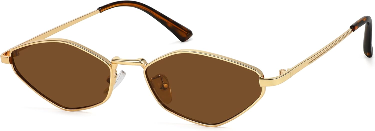 

Ретро-солнцезащитные очки неправильной формы узкой формы для женщин, модные винтажные, многоугольные, маленькие, с металлической оправой и защитой от УФ-излучения Fozono, Gold Frame/Brown Lens