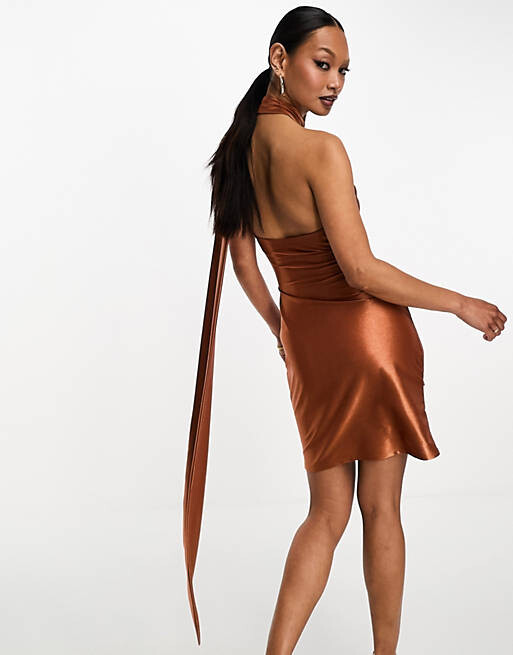 

Шоколадное атласное мини-платье на одно плечо с завязками ASOS DESIGN, Коричневый, Шоколадное атласное мини-платье на одно плечо с завязками ASOS DESIGN