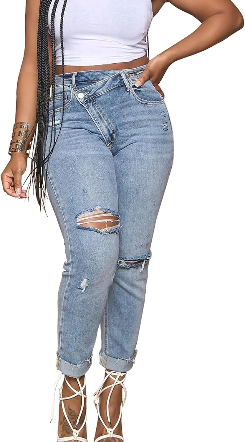 

Женские джинсы Asymmetrical Ripped с эффектом потертости, стиль Boyfriend Liposhion