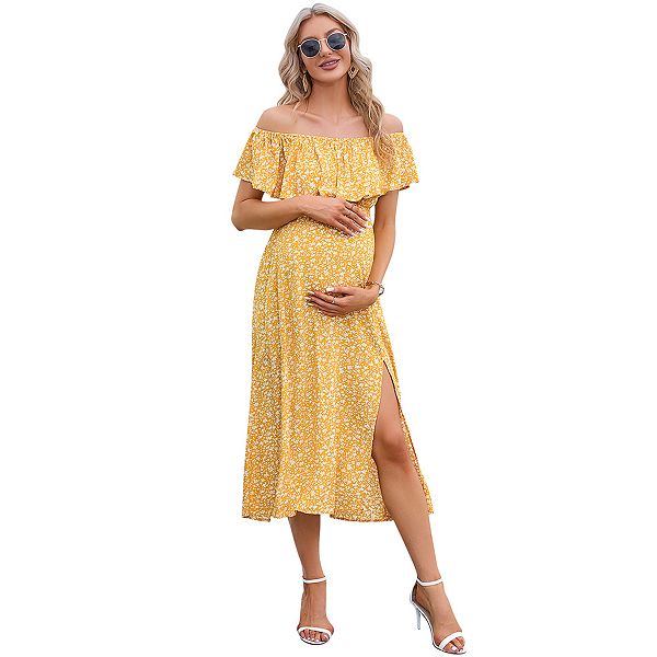 

Платье миди для беременных с открытыми плечами, рюшами на рукавах и разрезом Seoria, Yellow