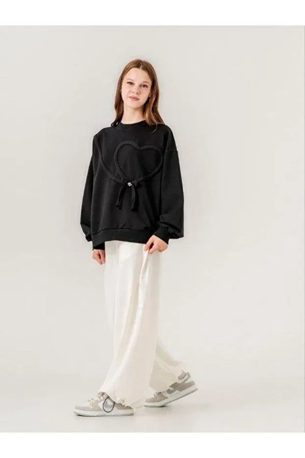 Детское худи для девочек с длинным рукавом Heart Detailed Girl's Sweatshirt Extrafor Design Zekids, Черный