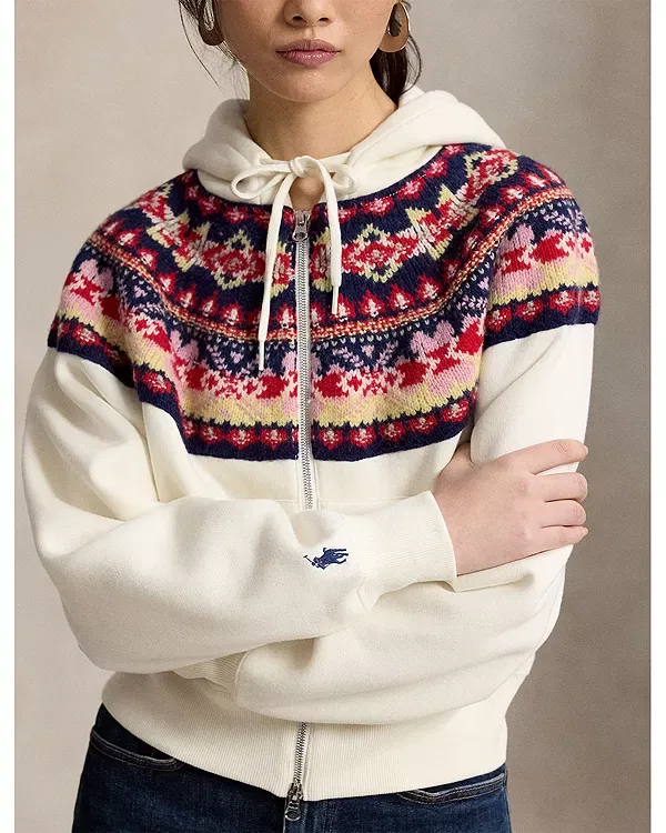 Женская толстовка с капюшоном и норвежским узором Fair Isle Yoke Hoodie Ralph Lauren, белый — фото 4