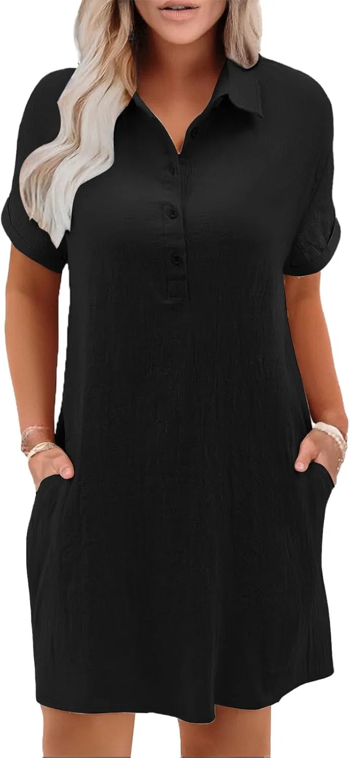Женское летнее платье из хлопка и льна с коротким рукавом, Black