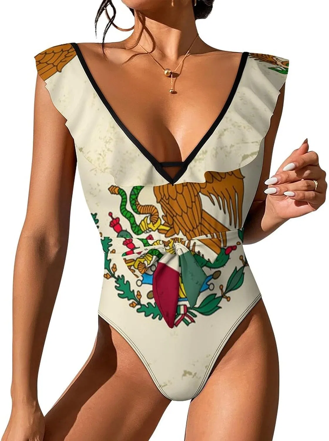Женский цельнокроеный купальник с змеиным принтом, Retro Mexican Flag, Style-7