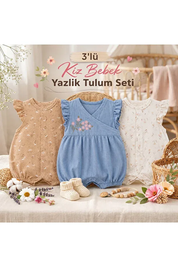 Детское боди-комбинезон для девочек хлопковый набор 3 предмета Summer baby Myzi Store, Gold