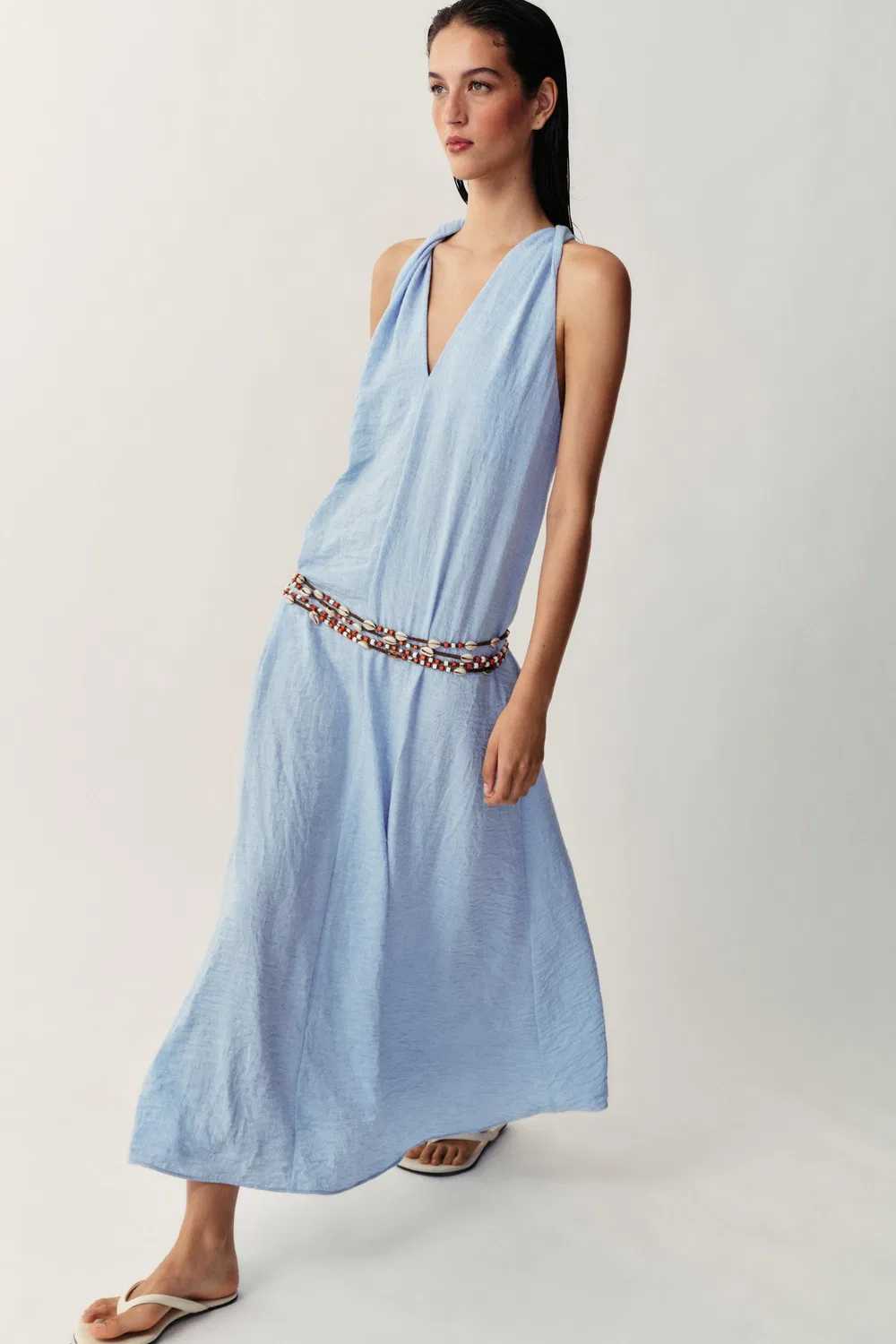 Длинное платье с перекрученными плечами ZARA, Light blue