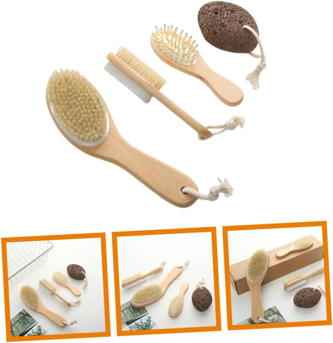 Щетка для тела Body Brush Set из натуральной щетины с эксфолиирующим камнем, OATIPHO, 26x7.2x4 см, Beige — фото 4