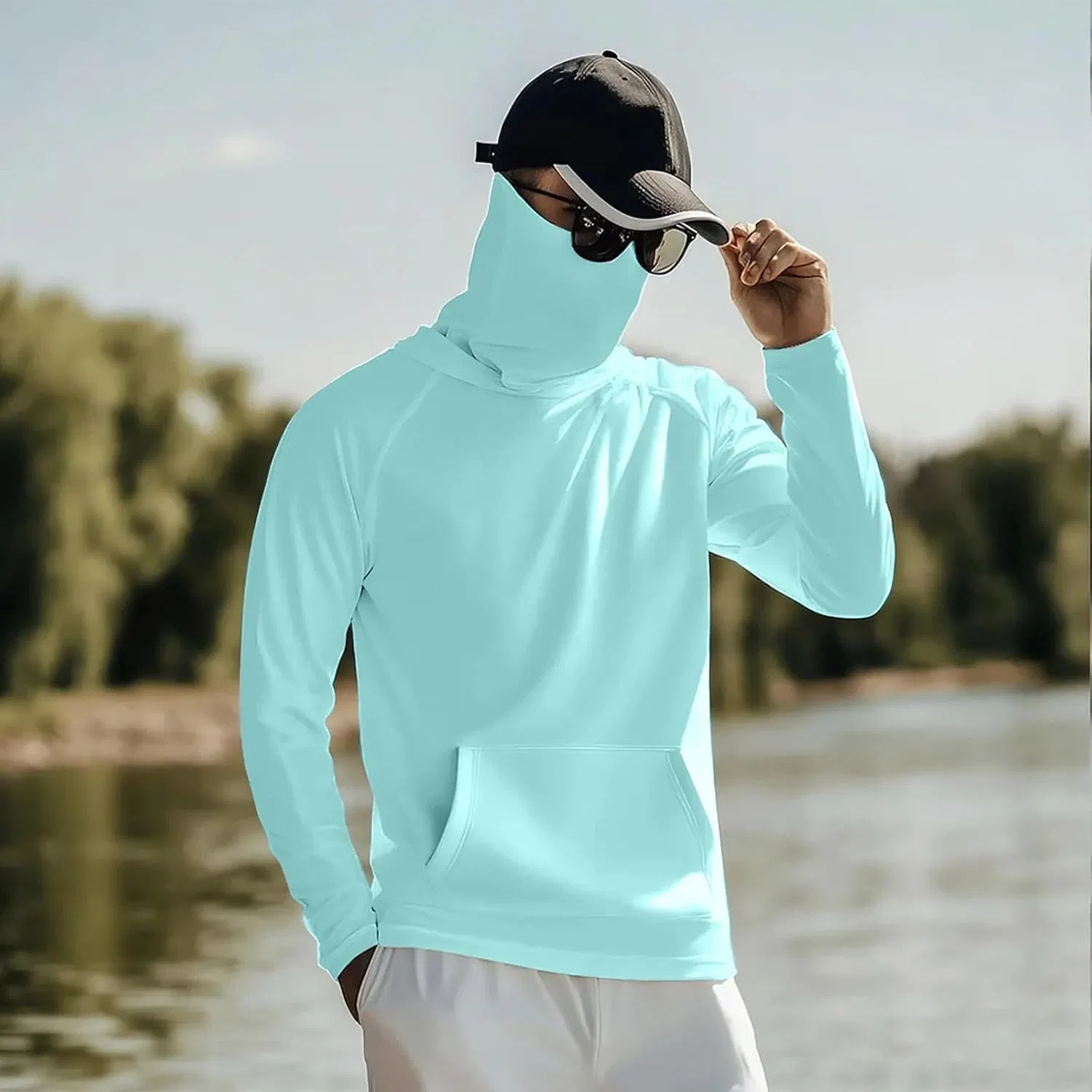Мужская футболка с защитой от солнца UPF 50+ с маской, Light Blue — фото 4
