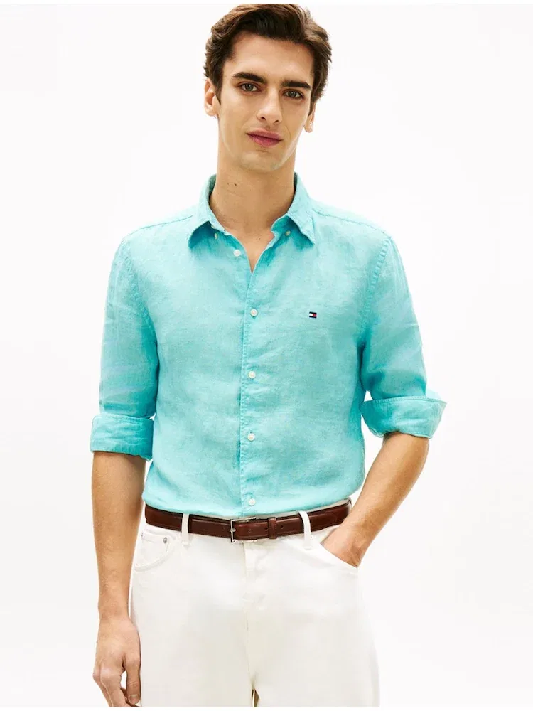Рубашка Regular Fit из льна, Pigment Solid TOMMY HILFIGER, Sky Blue