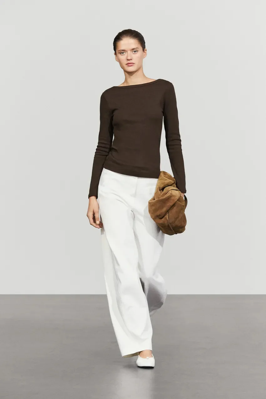 Лонгслив Massimo Dutti 100 % Cotton с вырезом лодочка, коричневый — фото 2