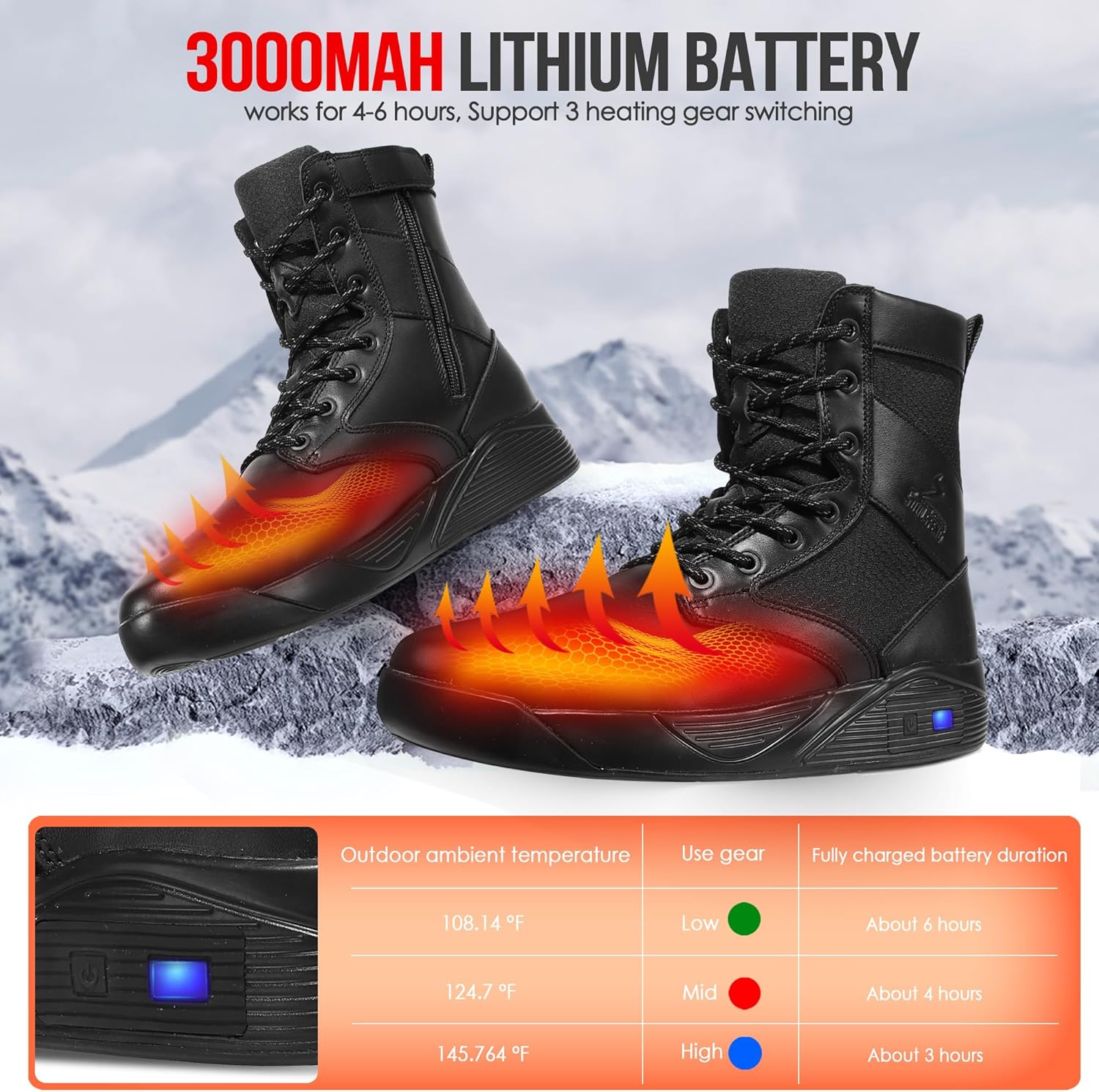 Мужские и женские утепленные ботинки Soulsfeng Futuraheat-X, зимние водонепроницаемые теплые снежные ботинки с электрическим подогревом, перезаряжаемые обогреватели для ног, черный — фото 4