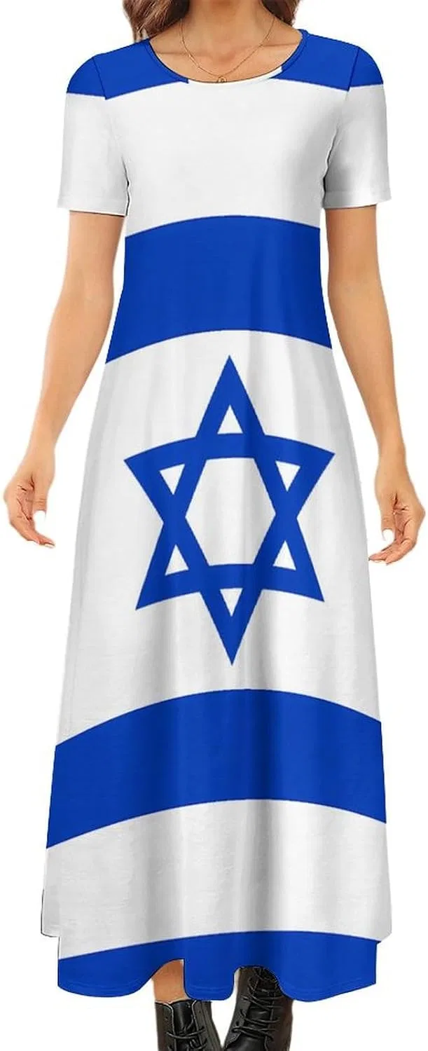 Женское летнее макси-платье с коротким рукавом, круглым вырезом, Israel Flag Israeli Star, Style