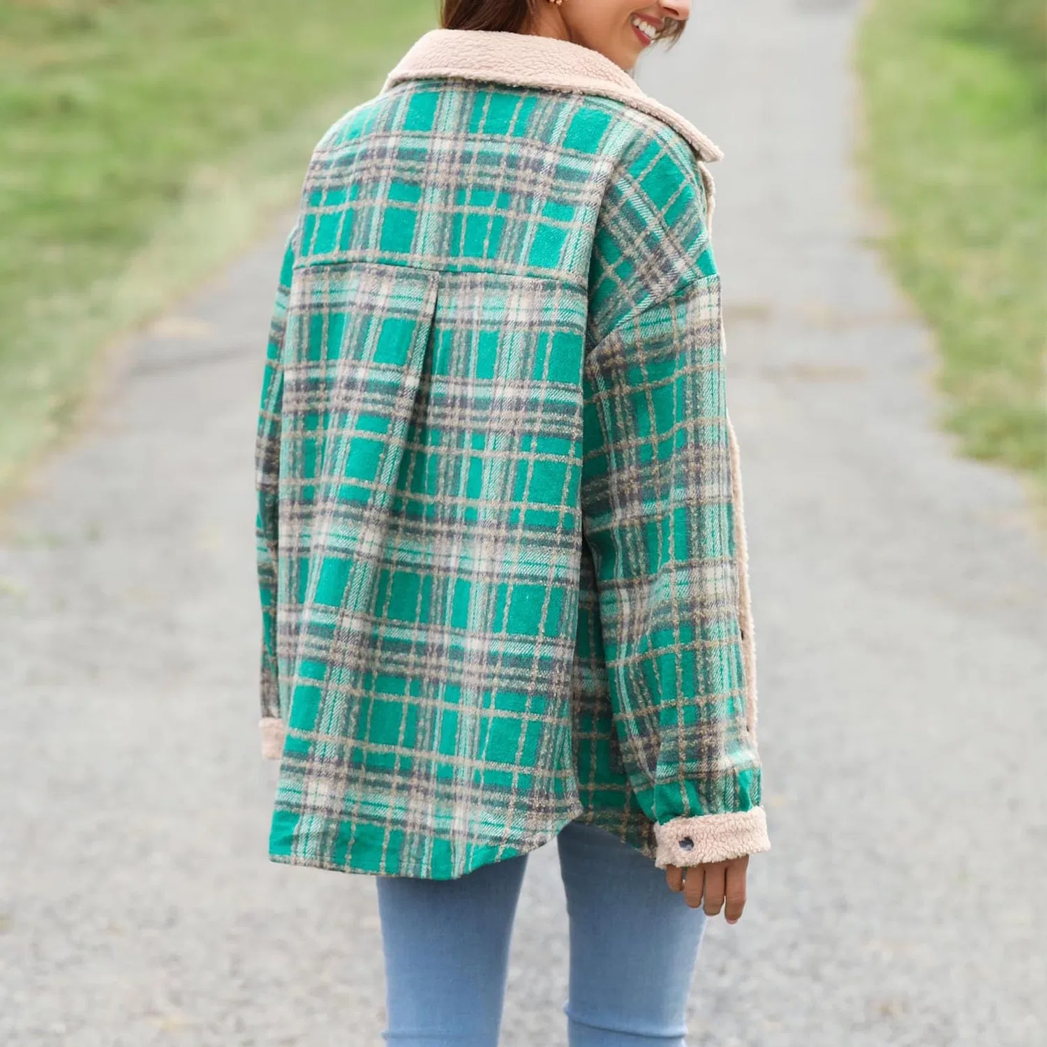 Женское пальто с контрастным принтом Tech Wear Women's Contrast Plaid Jacket Casual Fleece Lapel Jacket Winter Jacket Women Plus Size Coats, green — фото 4