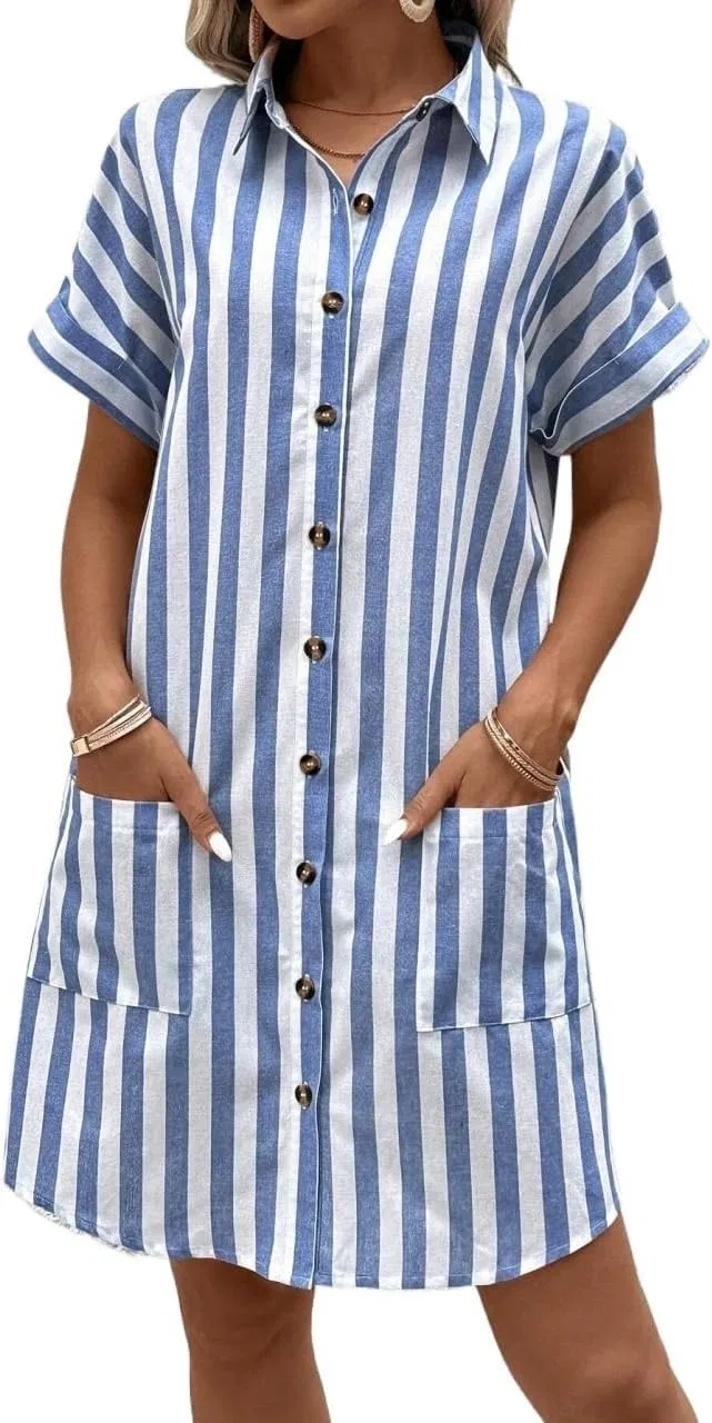 Женское повседневное платье-рубашка с коротким рукавом в полоску, Blue/White