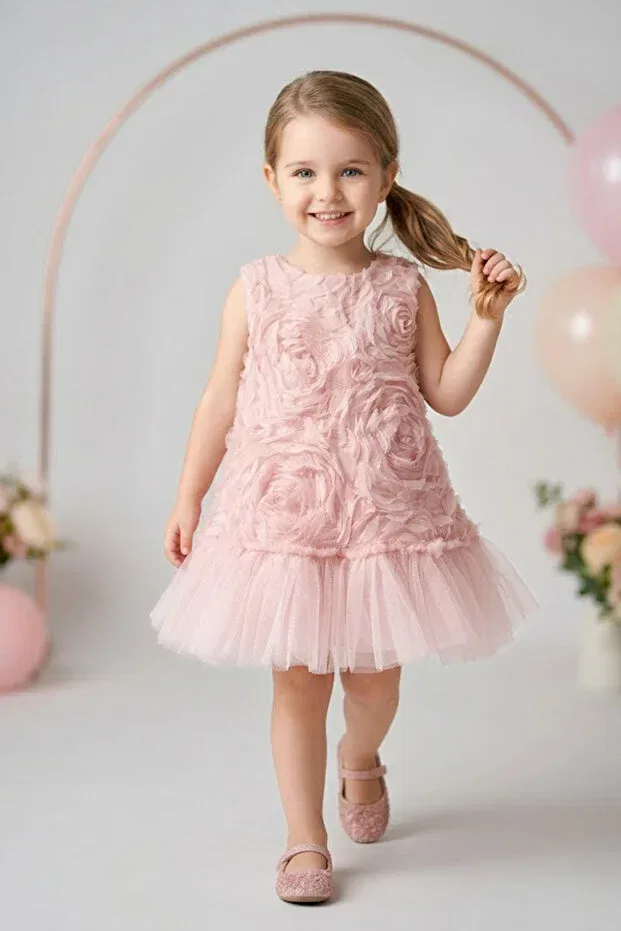 Детское платье для девочек с коротким рукавом Summer Dress Baby Animals, Powder — фото 4
