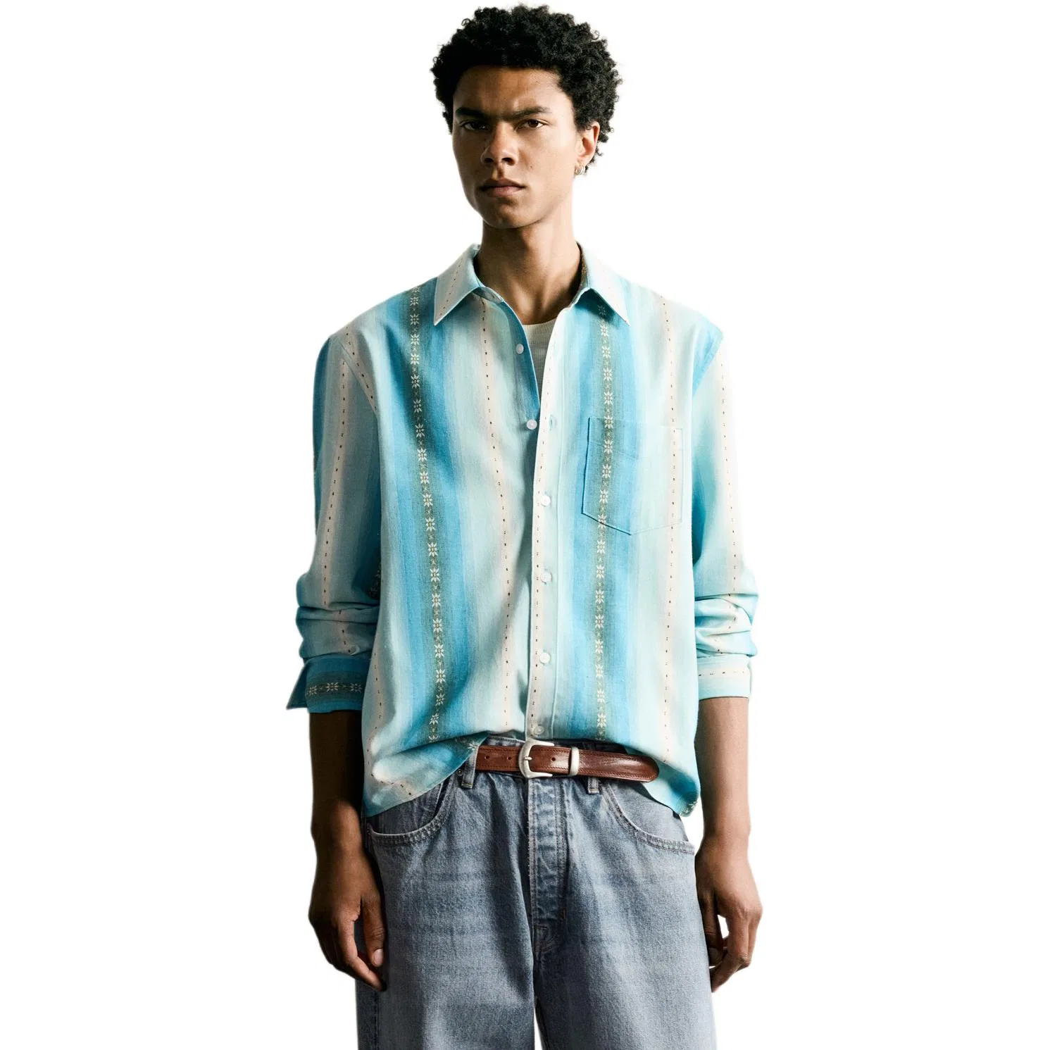 Мужская рубашка с лацканами, синяя, ZARA, Blue — фото 3