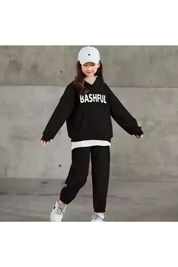 Детский спортивный комплект для девочек с принтом Bashful Shy Printed Oversize Kids Tracksuit Machetta, Black