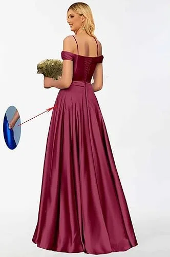 Женское атласное платье A-силуэта с разрезом Prom Gown, Gold — фото 3