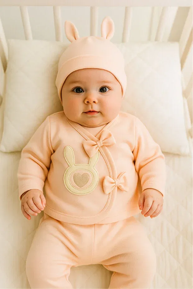 Детский комбинезон для новорожденных с принтом Organic baby girl rabbit patterned 5-piece jumpsuit hospital release newborn outfit baby bib Bamoola For Babies, Beige Rabbit — фото 3