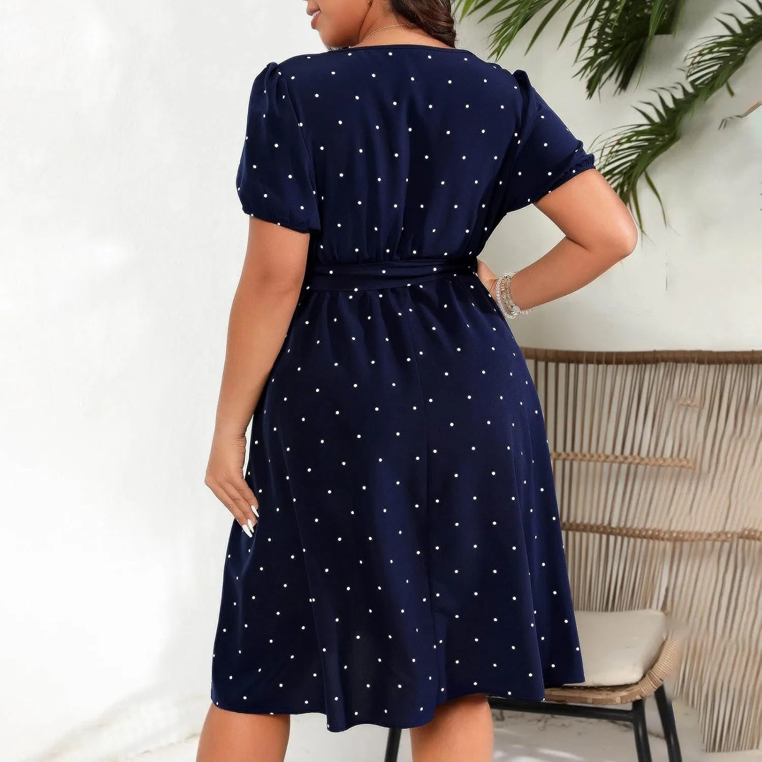 Женское платье миди с квадратным вырезом и поясом Plus Size, Dark Blue — фото 4