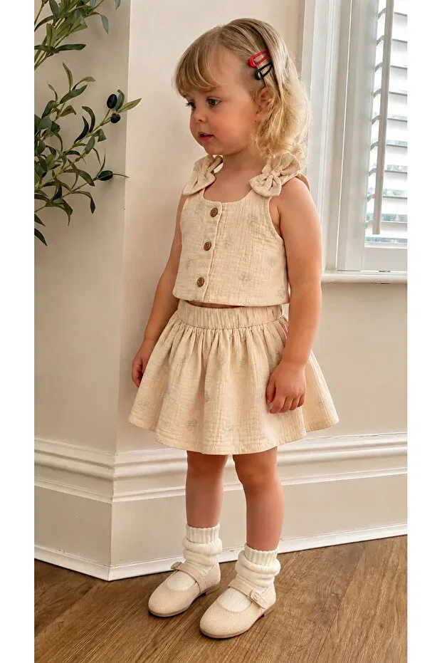 Детский комплект для девочек с вышивкой бабочка Efia Baby, Beige — фото 3