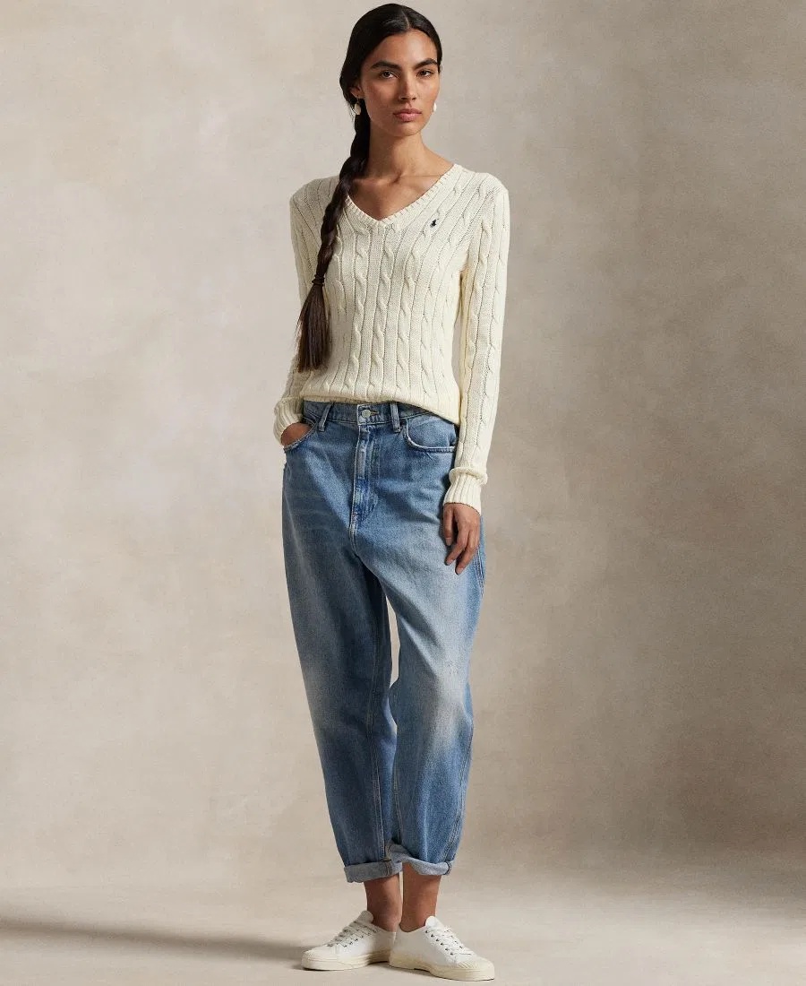 Свитер с V-образным вырезом из хлопка Cable-Knit Cotton V-Neck Sweater Polo Ralph Lauren, Cream — фото 2