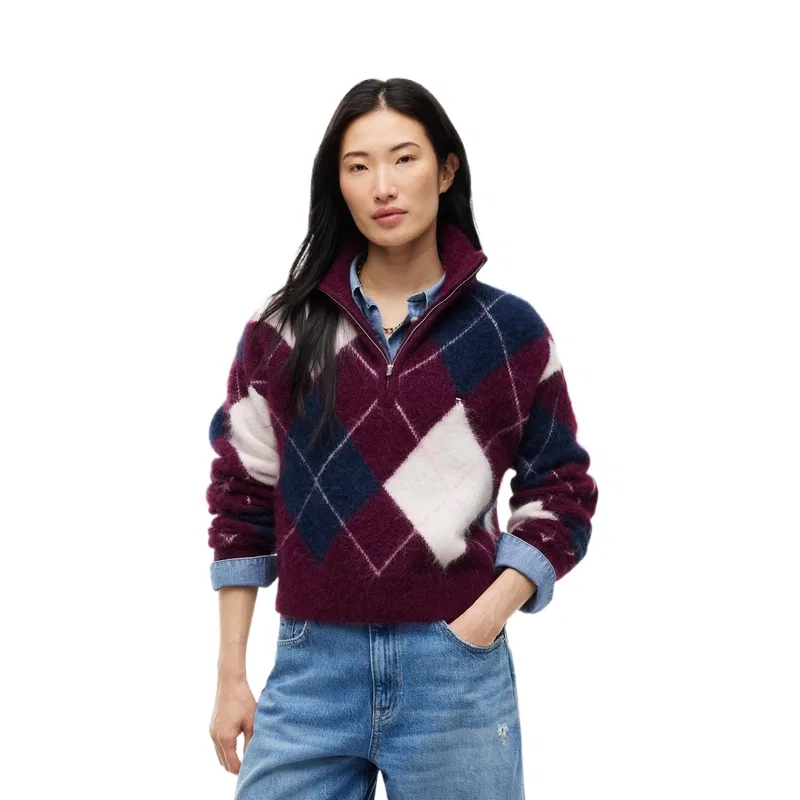 Женский свитер с принтом Stand Collar Moderate Other Tommy Hilfiger, Navy Blue Red White Plaid V11