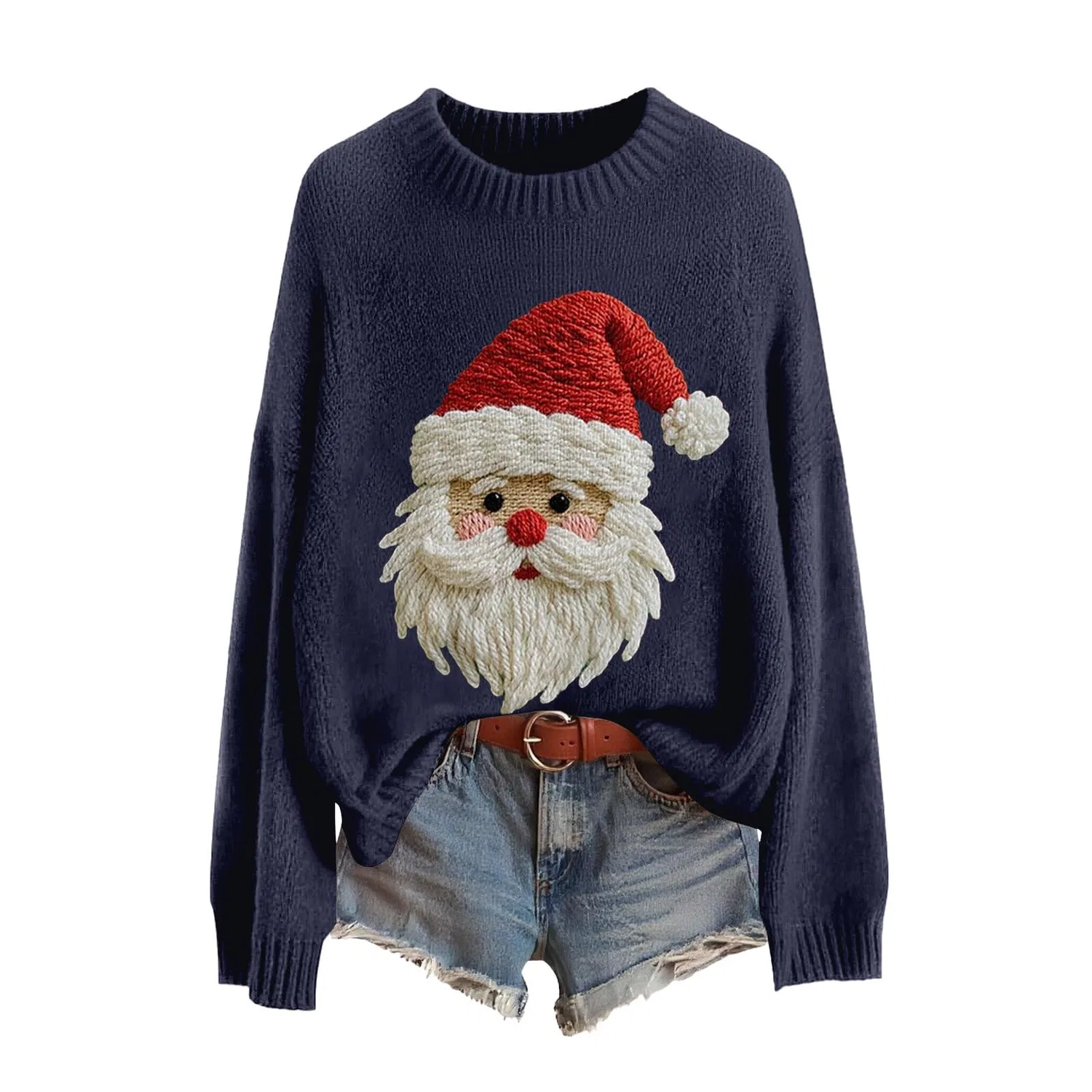Женский вязаный свитер с длинным рукавом с праздничным принтом, 4-blu Scuro — фото 3